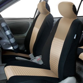 FH Group Combo Set: Trendy Elegance 3D Air Mesh Full Set Car Seat Covers, Airbag & Split Ready with Black Rubber Floor Mats- Fit Most Car, Truck, SUV, or Van (Beige/Black) FB060114- F11305