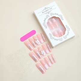 24 Pcs Long Coffin Press on Nails Full Cover Coffin Fake Nails Nude Pink Acrylic False Nails with Pearl bow Design French Tip Press on Nails Glossy Glue on Nails Stick on Nails for Women Girls