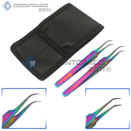 SET OF 2 Stainless Steel Multi Titanium Rainbow Color 3D Eyelash Extension Tweezers Pro Straight angled + Strong Curved Fine Point (ODM)