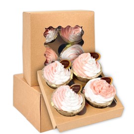 Gcardist Auto-pop Up 4 Cupcake Boxes with Window Brown 12 Packs Cupcake Box 16x16x7.6cm Bakery Boxes For Cupcakes Carrier, Cupcake Containers