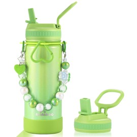 Mininoo Kids Water Bottle for School - 16 oz Stainless Steel Insulated Water Bottle with Ceramic-Lined, Leakproof Straw Lid & Beaded Handle for Girls & Boys