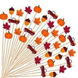 100 pcs Fall Cocktail Picks, Fall Theme Toothpicks Leaves Pumpkins Acorns Decorative Fancy Bamboo Appetizer Fruit Skewers for Fall Thanksgiving Day Party Food Fruit Drinks Decoration