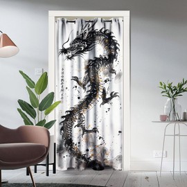 YungHo Japanese Ink Dragon Door Curtains, Chinese Traditional Ink Painting Flying Dragons, Black White Gold Privacy Doorway Curtain Tapestry Wall Room Decor 42" W x 80" L