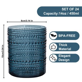 YOUBET 24PCS Plastic Hobnail Drinking Glasses - 14 Oz Blue Vintage Glasses Drinkware - Disposable Beaded Cups for Juice, Wine, Party