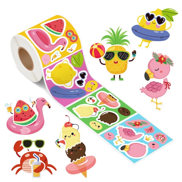 300Pcs Summer Make a Face Stickers Roll Hawaii Watermelon Pineapple