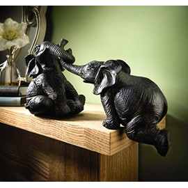 mysmartbuy.com Set of 2 Shelf Sitting Elephants – Decorative Handmade Grey Elephant Sculpture Ornament Home Decorations with Bronze Highlights - Link Elephants Together or Display Separately