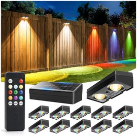 JOFIOS Fence Lights Solar Powered with Remote 12 Pack, Warm White, Cool White and RGB Color Glow LED Solar Lights Outdoor, Dusk to Dawn Solar Fence Lights for Patio, Backyard, Railing, Deck, and Wall
