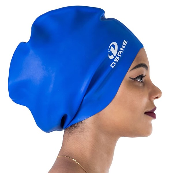 Dsane Extra Large Swimming Cap for Women and Men,Special Design Swim Cap for Very Long Thick Curly Hair&Dreadlocks Weaves Braids Afros Silicone Keep Your Hair Dry(Blue/XL)