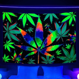 VeiVian - Tapiz psicodélico de hoja de marihuana reactivo a luz UV, tapiz de luz negra, 60 x 40 cm, para hombre, sala de estar, recámara