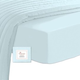 Pizuna 100% Cotton Single Fitted Sheet Baby Blue, 400 Thread Count Long Staple Cotton Single Fitted Sheet 90x200 cm, Sateen Weave 40 cm Deep Pocket Single Fitted Sheet 1 PC Baby Blue