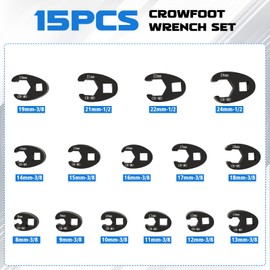 LIROPAU 15-Piece Crowfoot Wrench Crowfoot Wrench Socket Wrench Flare Nut Wrench Set Metric and Standard, Torque 1/2 Inch 3/8 Inch External Square Drive 8-24 mm