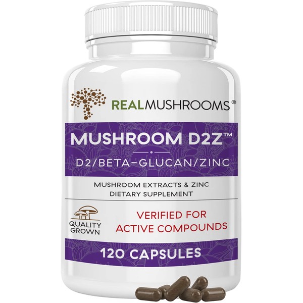 Real Mushrooms Zinc Supplements for Adults (120ct) Vitamin D2 Immune Support with Chaga & Reishi - Vegan, Gluten-Free, Non-GMO Zinc Vitamins for Adults - Mushroom Zinc Tablets
