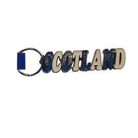Scotland Word White and Blue Keychain - Metal and Enamel / Glitter / Colours of the Scottish Flag / for Visitors of Edinburgh, Stirling, Fort William, Hebrides, Loch Ness, Forth Bridge / Souvenir