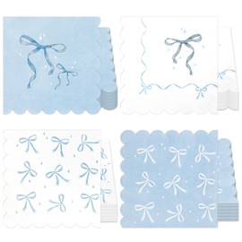 100Pcs Blue Bow Napkins, Bachelorette Party Bow Theme Birthday Party Decorations, 6.5x6.5 inch Scalloped Edge Disposable Hand Towels Dinner Paper Napkins for Baby Shower Bridal Engagement