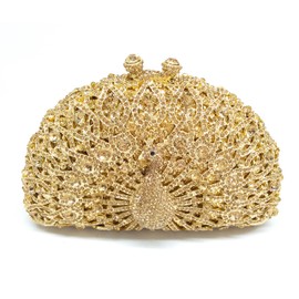 Bolso de mano para mujer, diseño de pavo real, con cristales, Dorado, Small