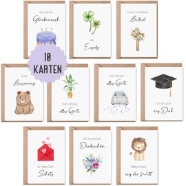 Greeting Card Set Including Envelopes, 10 Cards for Birthday, Birth, Christening, Thank You, Get Soon, Moving, Exam, Birthday Wedding, Congratulations Cards for Different Occasions (Mix Set)