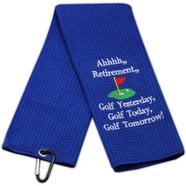LEVLO Ahhhh Retirement Golf Yesterday Golf Today Golf Tomorrow Embroidered Golf Towel with Clip Golf Gift for Men (Blue-WH)