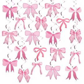 20pcs Pink Bow Party Hanging Swirls Decorations, Pre-Assembled Pink Birthday Decorations Doubled Sided Printing Bow Coquette Birthday Decorations Bow Garland for Women Parties