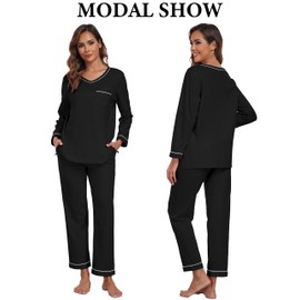 ANLIQI 100% Cotton Pjs Women Loungewear Pjs Sets Womens Long Sleeve Sleepwear Soft Ladies Pajamas Sets(Black,L)