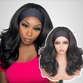 Yaki Curly Detroit Layers Headband Wig Wave Half Wigs for Black Women 18 Inch 200% Density Wear and Go Glueless Wig Synthetic Hair with 1 Headbands Attached, #1B Black 18 Inch