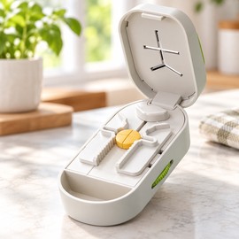 Portable Pill Cutter for Tablet Splitting – 304 Stainless Steel Blade with 1/2, 1/3 & 1/4 Cutting Areas for Home and Travel