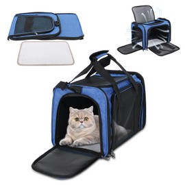 Pet Portable Travel Carrier Bag for Cats Dogs, Mesh Travel Puppy Carrier, Oxford Fabric Large Capacity Breathable Soft-Sided Animals Carrier with Mat Shoulder Strap (Blue)