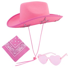 Aprince Cowboy Hat for Women and Men Pink Western Sparkly Cowgirl Hats with Bandana Sunglasses for Cosplay Disco Music Party