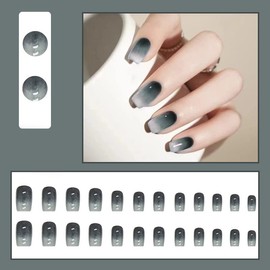 DOUBNINE Press On Nails Square Short Medium Black Ombre Gradient Glossy Vintage Full Cover Fake Nails Acrylic Stick On Nails for Women