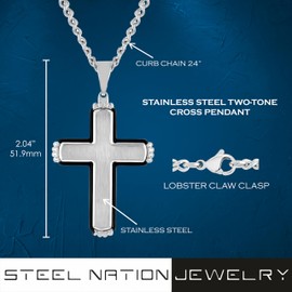 Stainless Steel Two-Tone Cross Pendant, 24" Curb Chain, Black Finish