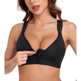 HACI Post Surgical Bra Front Closure Non Padded Wirefree Racerback Adjustable Wide Strap Mastectomy(Black,40D/DD)
