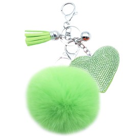 Xsclpomddy Pom Poms Keychains Fluffy Ball and Heart Shape Keyring Rhinestone Bling Pendant Key Chain for Car Bag Charms,green