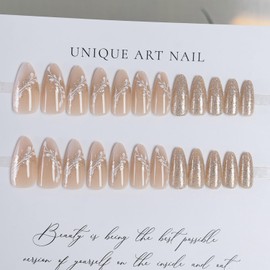 Almond Press on Nails Medium Glitter Powder False Nails Leaves Design Gradient French Fake Nails Reusable Artificial Coffin Nails Full Cover Acrylic Nails DIY Press Ones Stick on Nails for Women