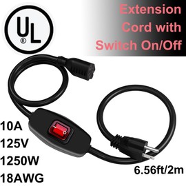 Heavy Duty Indoor/Outdoor Extension Cord Use, 6.56 FT Black Extension Cord with LED Light Switch On/Off, 1250W SJTW 18AWG 10A 125V AC,3 Prong Power Cord, UL Listed