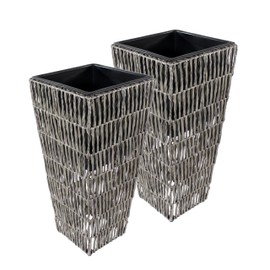 Sunnydaze Hyacinth 11" Tall Square Outdoor Planter - Set of 2 Poly-Wicker Planters with Plastic Inlay - Fog