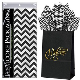 Flexicore Packaging Black Kraft Paper Welcome Bags & Black Gift Wrap Tissue Paper | Size: 5.25 Inch X 3.25 Inch X 8.25 Inch | Count: 5 Bags | Color: Black Chevron