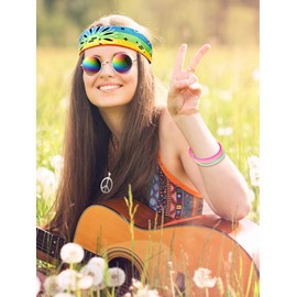 4 Pcs Hippie Costume Accessories 70s Hippie Headband and Peace Sign Earrings Necklace Rainbow Sunglasses for Women Men