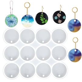 Shiny Flat Circle Silicone Mold Flat Circle Resin Molds with Hole 12 Cavity Silicone Round Earrings Pendant Resin Molds for DIY Earrings Keychain Jewelry Making Crafts Making Pet Tag