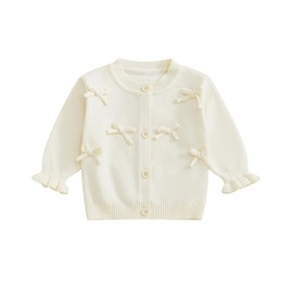 MAHUAOYIXI Baby Girls Sweater Solid Color Cardigan 3D Bow Long Sleeve Button Up Knit Pullover Warm Toddler Clothes Knitwear Baby Jumpers Tops Casual for Fall Winter (White, 0-6 Months)