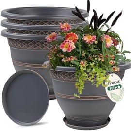 10 Inch 4 Pack Large Plant Pots, Plastic Flower Pot for Indoor & Outdoor with Drainage Holes & Saucer, Plaid Pattern Planters Garden Pots for Herbs