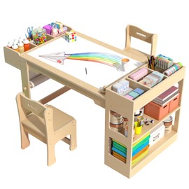 Kids Art Table and Chair Set, Kids Craft Table with Storage, Toddler Activity Play Table with 2 Chairs, Wood Art Craft Play Desk with Paper Roll for Writing, Drawing, Learning and Reading