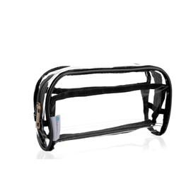 EzPacking - Bolsa de maquillaje transparente y brocha/bolsa organizadora de cosméticos larga para viajes, gimnasio o hogar, ribetes de piel vegano y 2 bolsillos interiores, pequeño plástico transparente transparente de PVC, Negro -