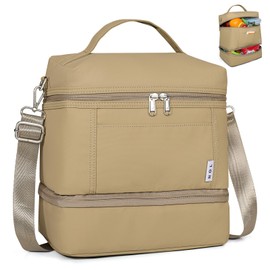 NOL Natural Organic Lifestyle Large Dual Compartment Insulated Lunch Bag for Women/Men Lightweight Nylon Waterproof Lunch Box Leakproof Cooler Tote Bag with Adjustable Shoulder Strap for Work,Khaki