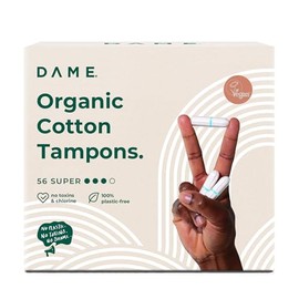 DAME – Toxin Free Tampons (56 Super) | 100% Organic Cotton & Natural Period Protection | Plastic-Free, Hypoallergenic, Sustainable | High Absorbency, Non-Applicator Tampons for Medium to Heavy Flow