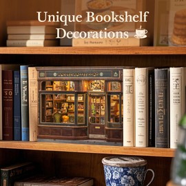 Fsolis DIY Book Nook Building Kit & Dollhouse Miniature Creative Gift for Adults & Teenagers, Magic 3D Wooden Decoration with Illuminated Dollhouse for Bookshelves (Corner Coffee Shop)