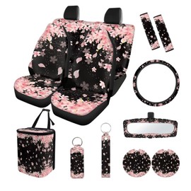 Suobstales Cherry Blossom Print Car Seat Covers Set of 13 with Universal Steering Wheel Cover, Rearview Mirror Cover, Car Trash Can, Seatbelt Pads, Cup Holder Coasters, Keychains