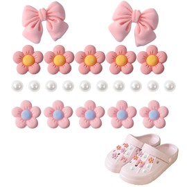 Dmnnlp 24 Pcs Croc Charms Pink, Flower Bow Pearl Croc Charms, Cute Shoe Decoration for Girls Women (Pink)