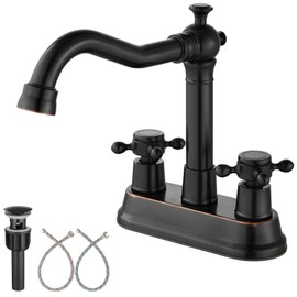 Aolemi 4 Inch Centerset Bathroom Sink Faucet Vintage 2 Cross Handles RV Mixer Tap Basin Vanity Lavatory Utility for Sink 3 Hole Include Water Hose Pop Up Drain with Metal Cover Oil Rubbed Bronze
