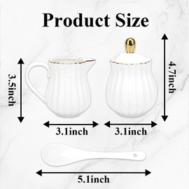Ceramic Sugar and Creamer Set, 3-Piece Porcelain Serving Set with Sugar Bowl and Cream Pitcher, Includes Lid and Spoon for Coffee or Tea, Wedding or Bridal Gift in White