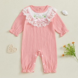 M9ppzzur7 Newborn Baby Girls Jumpsuit Clothes Button Closure Lace Little Bow Knot Floral Embroidery Long Sleeve Light Weight Chiffon Romper Girl Fall One-piece outfit (Pink, 9-12 Months)