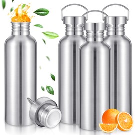 Lemecima 4 Pack Uninsulated Single Walled Stainless Steel Sports Water Bottle 304 18/8 Stainless Steel Camping Water Bottle for Cyclists, Runners, Hikers (35 oz)